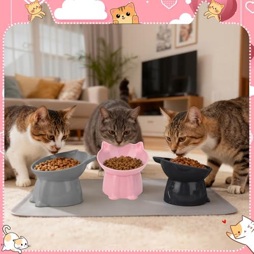 3 Pcs Elevated Cat Bowls 15°Raised Cat Food Bowl with Silicone Mat Whisker Friendly Anti Vomiting Cats Dishes Pet Food and Water Bowls for Indoor Cats Kittens Classic Pink, Grey, Black Pink, Grey, Bla - color: Pink, Grey, Black