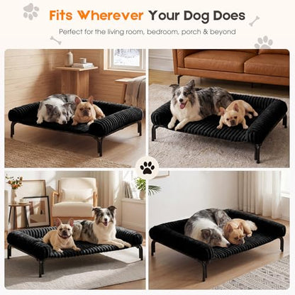 Elevated Dog Bed with Removable Fluffy Pillow Cushion, Raised Pet Cot Washable Bolster, Dog Couch Sofa, Anti Slip Feet, Breathable Mesh, Matte Black, 43"×32" - color: matte black, size: L(43"×32"×8")