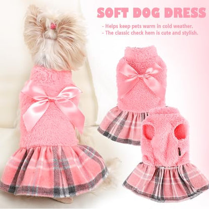 Fuzzy Dog Plaid Sweater Dress, Fall Winter Warm Female Dog Clothes for Small Dogs Girl, Pet Outfit, Cat Apparel (Small, Pink) - color: #1 Pink, size: Small (Chest 16.9 in)