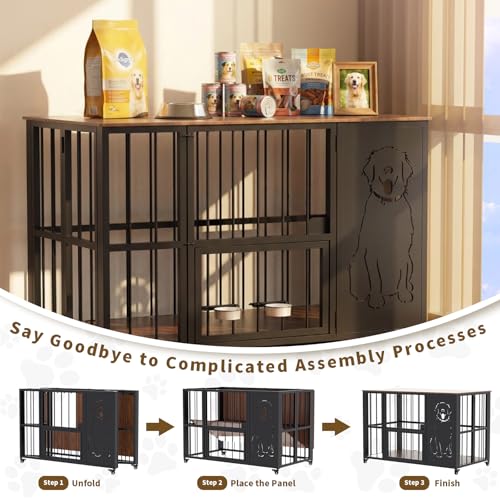 JUNEU 42'' Dog Crate Furniture, Easy Assembly Dog Kennel Indoor, Collapsible Heavy Duty Dog Crate for Medium/Large Dog(35-60 lb), Wooden Corner Dog Crate with Wheels & Adjustable Bowl Holders