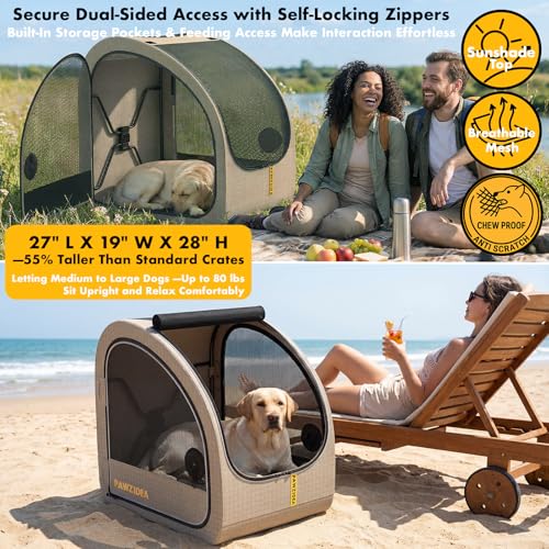 PAWZIDEA Portable Dog Crate for Car, 45% Extra Tall Travel Kennel for Medium & Large Dogs up to 80lbs Sit Upright, Enclosed Soft-Sided Backseat Carrier Collapsible, Secure w/Seatbelt & Headrest Strap - color: Khaki Plaid, Large