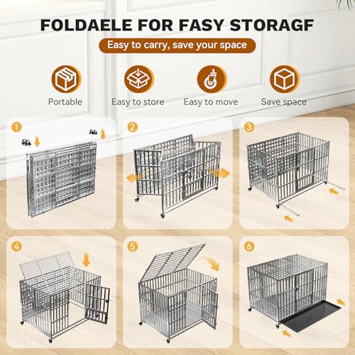 Holiwei 48" Heavy Duty Dog Crate, Escape Proof XL Stainless Steel Dog Kennel with Top Opening, 4 Lockable Wheels, Easy Clean Metal Dog Cage for Large/High Anxiety Dogs - size: 47.2"L x 27.6"W x 31.5"H