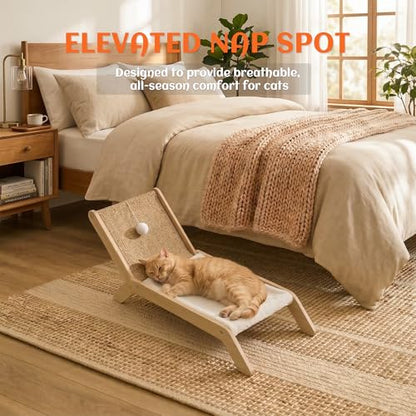 PETKARAY Beach Chair Cat Hammock, Elevated Cat Beds for Indoor Cats, Original Cozy Lounger with Sisal Scratcher and Toy Ball - color: White Plush