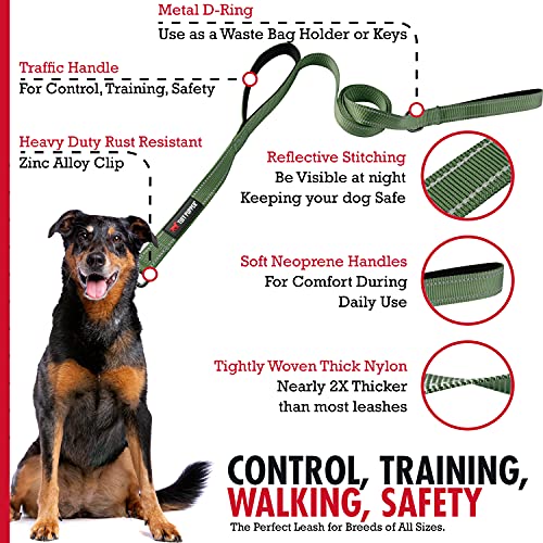 Tuff Pupper Heavy Duty Double Handle Leash with Twist Lock Carabiner Clip | Safety Lock for Strong Dogs | Reflective for Night Walks | 6ft for Medium & Large Dogs - color: Olive