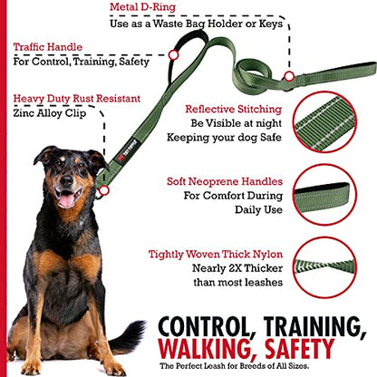 Tuff Pupper Heavy Duty Double Handle Leash with Twist Lock Carabiner Clip | Safety Lock for Strong Dogs | Reflective for Night Walks | 6ft for Medium & Large Dogs - color: Olive