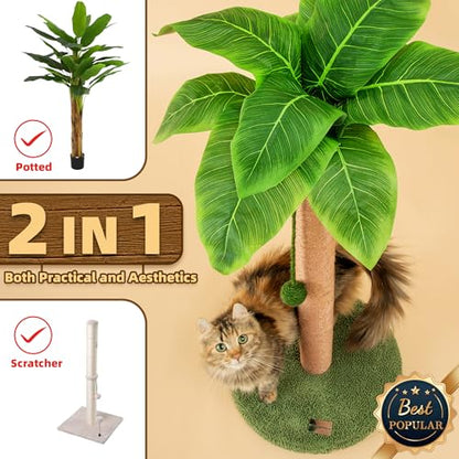 Meowoou Cat Scratching Post 33 Inch Tall Cat Scratcher for Indoor Cats Adults,Small Cat Tree Tower Sisal Rope Kitten Scratch with Interactive Hanging Ball - size: 33 in Green