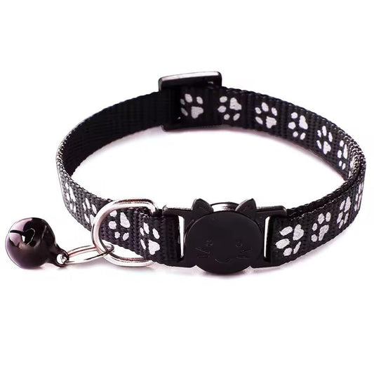 Cat Collar Breakaway Safety with Bell, Cute Reflective Paw Print Pattern (Black) - color: Black