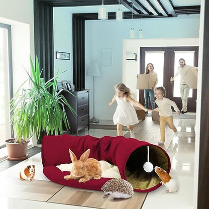 BWOGUE Bunny Tunnel Bed, 2-in-1 Collapsible Tunnel Tubes Toys with Removable Mat Hideout for Cats Kittens Rabbits Guinea Pigs Kitty - color: Red