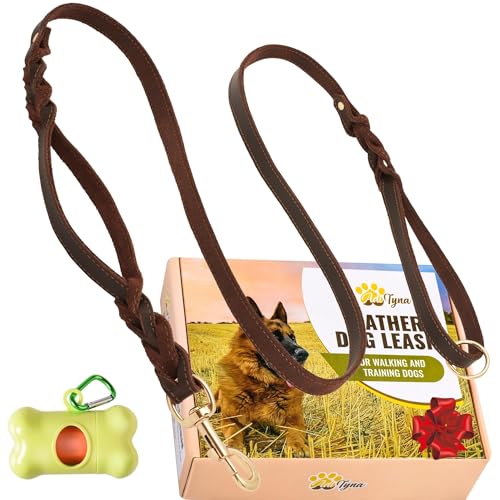 ADITYNA - Double Handle Leather Dog Leash 6ft - Heavy Duty Braided Dog Leash with Traffic Handle - Lead for Training and Walking Medium Large Breeds (Brown, Two Handles 6 Foot x 3/4") - color: Brown, size: Two Handles 6 foot x 3/4"