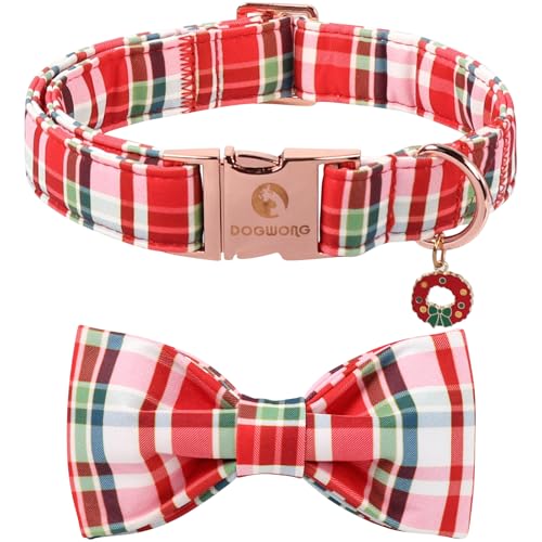 DOGWONG Christmas Dog Collar with Bow Tie - Christmas Red Plaid Puppy Collar, Adjustable Red Checkered Dog Collars for Girl Boy Dogs, S - color: A- red plaid, size: S