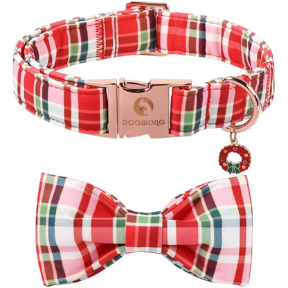 DOGWONG Christmas Dog Collar with Bow Tie - Christmas Red Plaid Puppy Collar, Adjustable Red Checkered Dog Collars for Girl Boy Dogs, S - color: A- red plaid, size: S