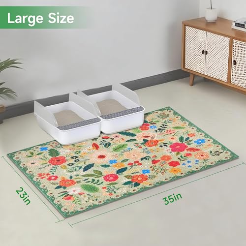 Cat Litter Mat, 35" x 23" Litter Box mat, Upgrade Non-Slip Kitty Litter mat, Traps 100% Litter, Soft on Kitty Paws, Easy Clean for Scatter Control, Bohe cat Food mat, Urine Waterproof - color: Green Garden, size: Large（35"x23"）