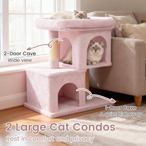 Tangkula Small Cat Tree for Indoor Cats, 25.5 Inch Cat Tower with Sisal Scratching Posts, 2 Large Cat Condos with Padded Top Perch, Modern Cat Climbing Furniture for Adult Cats & Kittens (Pink) - color: Pink