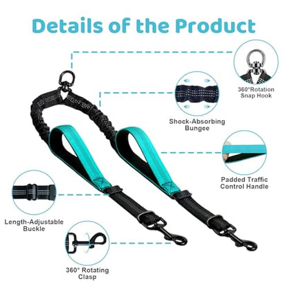 Double Dog Leash - No Tangle Splitter for Two Dogs, Coupler with Adjustable Long Lead Rope, Dual Control Handles, Retractable No Pull Bungee, Walk Train Small Medium Large 2 Pets (Blue) - color: Blue