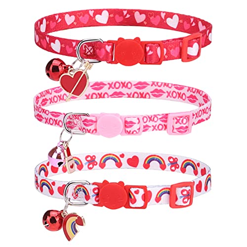 Breakaway Cat Collars with Bell & Cute Pendants, 3 Pack Safety Buckle Kitten Collars, Adjustable Pet Collar Ideal for Girl Boy Cats Puppy (Love Heart) - color: Style A - Love Heart