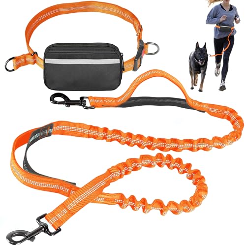 Hands Free Dog Leash with Waist Belt – No-Pull Bungee, Dual Padded Handles & Zipper Pouch for Running, Walking & Training – Adjustable Waist Leash for Large & Medium Dogs (Orange) - color: Orange
