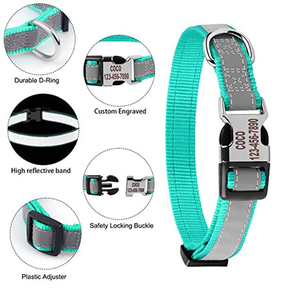 Reflective Personalized Dog Collar - Custom Engraved with Pet Name and Phone Number for Boy and Girl Dogs, 4 Adjustable Sizes, XSmall,Small, Medium and Large - color: Engraved