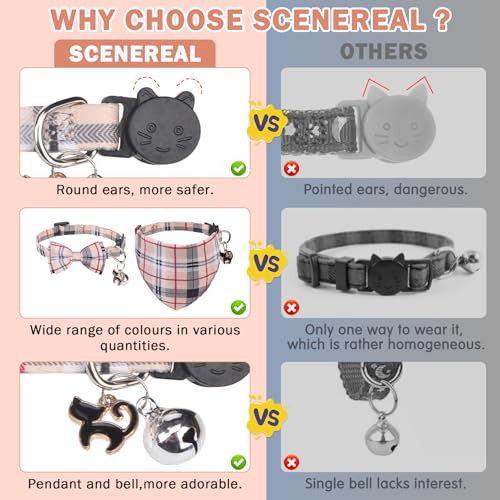 SCENEREAL Plaid Cat Collar with Bow Bandana - 2 Pack Breakaway Kitten Collar with Removable Bowtie Bell, Adjustable Cute Cat Collar for Cats Kittens, Beige - color: Bandanas & Bow (Plaid - Beige)