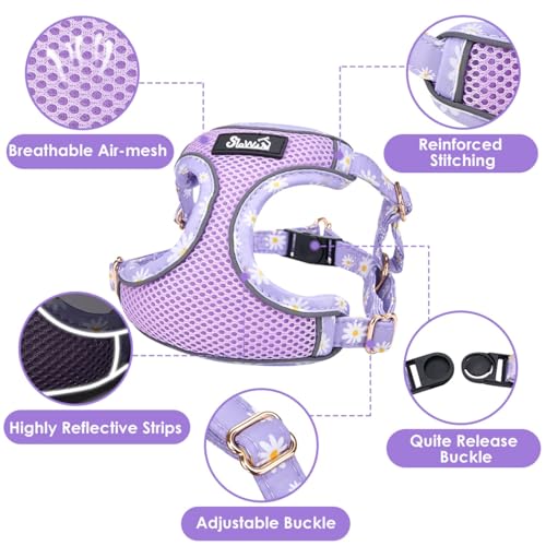 SlowTon Small Dog Harness - No Pull Dog Harness and Leash Set, Soft Mesh Lightweight Puppy Vest Harnesses, Adjustable Pet Harnesses for XXS XS Small Medium Easy Walk Hiking (Purple, XS) - color: 2.Purple Daisy, size: X-Small