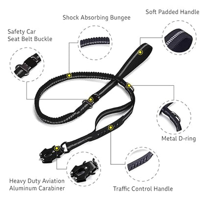 Heavy Duty Tactical Dog Leash, 4-6FT Shock Absorbing Bungee Lead with 2 Padded Handles, Metal Carabiner & Seatbelt Clip, Reflective No-Pull Leash for Medium/Large Dogs Black - color: Black