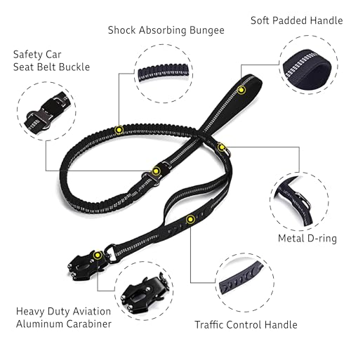 Heavy Duty Tactical Dog Leash, 4-6FT Shock Absorbing Bungee Lead with 2 Padded Handles, Metal Carabiner & Seatbelt Clip, Reflective No-Pull Leash for Medium/Large Dogs Black - color: Black