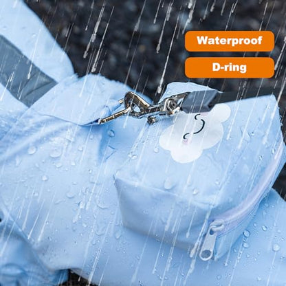 Junchl Small Dog Raincoat Rainboots with D-Ring, Full Coverage Dog Rain Jacket Slicker Poncho, Waterproof Dog Rain Jacket with Reflective Strip, Rainboot, Tail Cover Blue Backpack M - color: Blue Backpack, size: M:Back 12"(5-8lb)