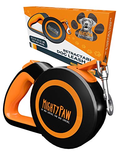 Mighty Paw Retractable Dog Leash 2.0 - Auto-Locking Button for The Control When You Need - Stainless Steel Coil for Smooth Retraction - Super Reflective Ring for Nighttime Visibility - No More Tangle - color: Original Orange, size: 50 - 110 lbs