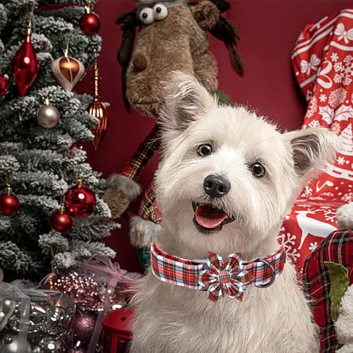 Christmas Dog Collar, Red Plaid Dog Collars with Flower Adjustable Pet Collar Premium Metal Buckle, Christmas Puppy Necklace for X-Small Girl and Boy Dogs - color: B: Christmas Plaid, size: X-Small (Pack of 1)