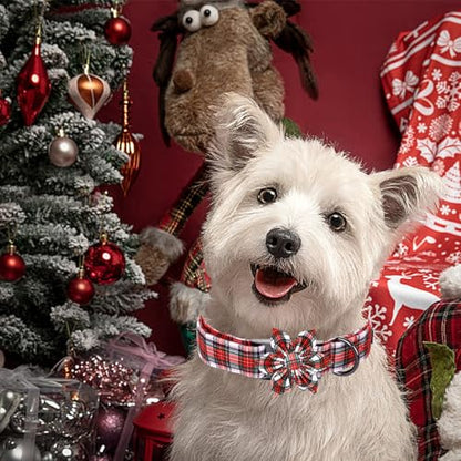 Christmas Dog Collar, Red Plaid Dog Collars with Flower Adjustable Pet Collar Premium Metal Buckle, Christmas Puppy Necklace for X-Small Girl and Boy Dogs - color: B: Christmas Plaid, size: X-Small (Pack of 1)
