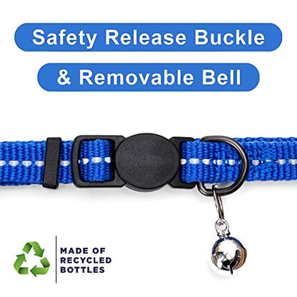 Pawtitas Recycled Blue Reflective Cat Collar – Eco-Friendly Breakaway Safety Buckle, Adjustable Kitten & Adult Collar with Removable Bell and High-Visibility Strap - color: Recycled Blue