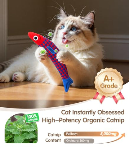 PetBusy Cat Toys with[5000mg A+Natural Catnip &Silvervine] [Baby Grade] Interactive Soft Chew Kicker Cat Toys for Indoor Cats & Kittens, [Crinkle &Bell] Fish Sound Toy, Drives Bored Cat Crazy with Fun - color: Blue+Red