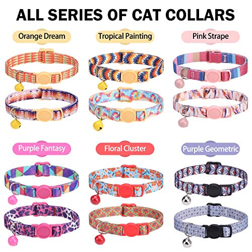 Breakaway Cat Collars for Girl Boy Cats, Spring Summer All Weather Cat Collar Personalized Pattern 2 Pack,Cute Classic Safety Buckles and Bells,Adjustable Printed Nylon Colorful Kitten Collar - color: Grazy Purple