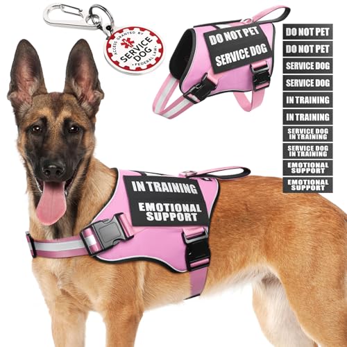 Service Dog Vest Harness+ID Tag+10 Patches,Metal Serivce Dog Tag&Reflective Emotional Support Dog Vest with Handle for Large Dogs,Easy Put On/Off for Training/Walking/Everyday Pink L - color: Pink, size: L