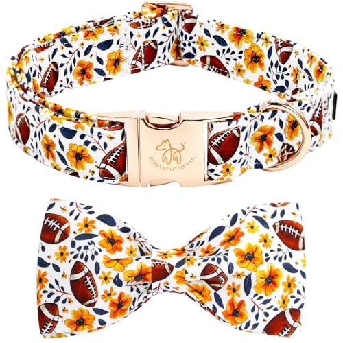 Elegant little tail Fall Dog Collar, Orange Floral with Rugby Print Pet Collars with Bow Puppy Collar Female or Male Cotton Adjustable Collars for Small Medium Large Dogs - color: Rugby, size: X-Small (Pack of 1)