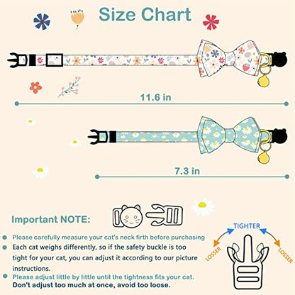 Faygarsle 2 Pack Cotton Designer Breakaway Cats Collar with Bow Tie and Bell Cat Collars for Girl Female Cat Collar with Bell Collars for Cats Flower Pattern - color: Flower