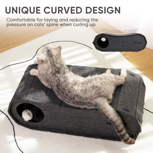 NATUYA Cat Bed Cave for Indoor Cats, Large Cat Lounge Cave Bed with Toy Ball, Enclosed Scratch Resistant Detachable Felt Cat Hideaway Bed for Cats up to 22 Lbs