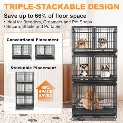 Homey Pet Stackable 43 inch Dog Crate Cage Kennel Indoor with Divider, 2X Steel Bowls, 4X Lockable Wheels, Tray, Heavy Duty Wire Dog Crates for Large/Medium/Small Dogs (Tall Model) - size: 42.5"L - Tall