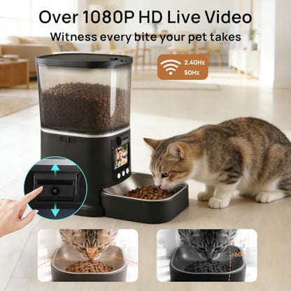 5L Automatic Cat Feeder with Camera, Two-Way Video 3MP HD & Audio, 5G WiFi Automatic Dog Feeder with Night Vision, Cat Food Dispenser with Dog Food Container for Multiple Pets - color: Black