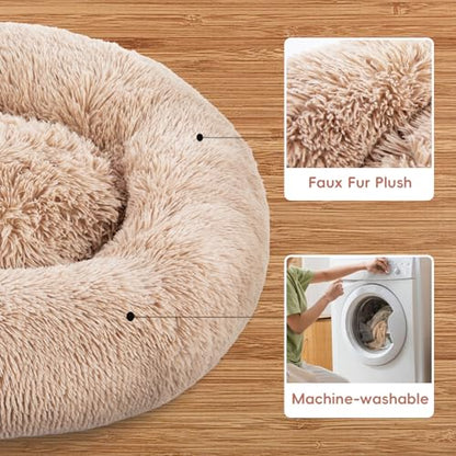 FluffyDream 24 Inch Donut Bed for Dogs, Calming, Brown, Washable, Plush Fur Dog Cuddle Bed - color: Brown, size: Donut - 24''L x 24''W x 8''H