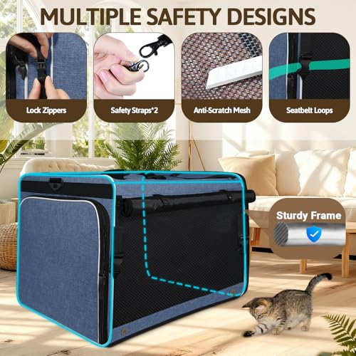 Petskd Side Expandable Extra Large Cat Car Carrier with Collapsible Litter Box for Long Distance Travel,24"x17"x17" Portable Soft Sided Pet Carrier with Roller Shades for 2 Cats Up to 55LBS(Blue) - color: blue