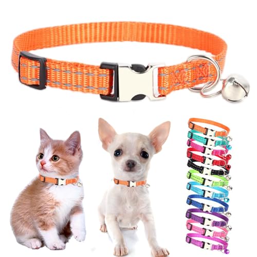 Orange XS Dog Collar with Bell, Reflective Nylon XSmall Cat Collars Soft Adjustable Buckle for XXS Small Puppy Female Tiny Pets Dogs Girl Kitten Yorkie Chihuahua X-Small - color: Orange