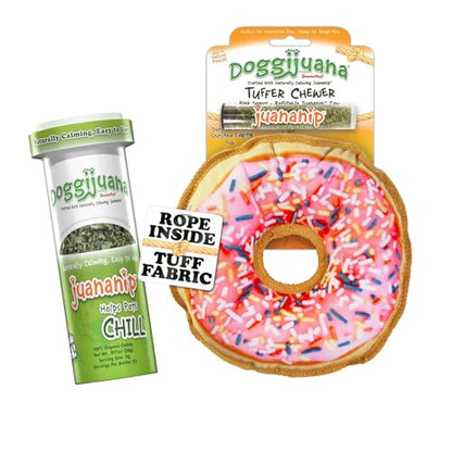 Doggijuana Doggi Duo Refillable Juananip Toy Bundle | Pink Donut & Juananip | Funny Dog Toy Plush with Catnip and Refill | Interactive Chew for Play - style: Pink Donut & Juananip
