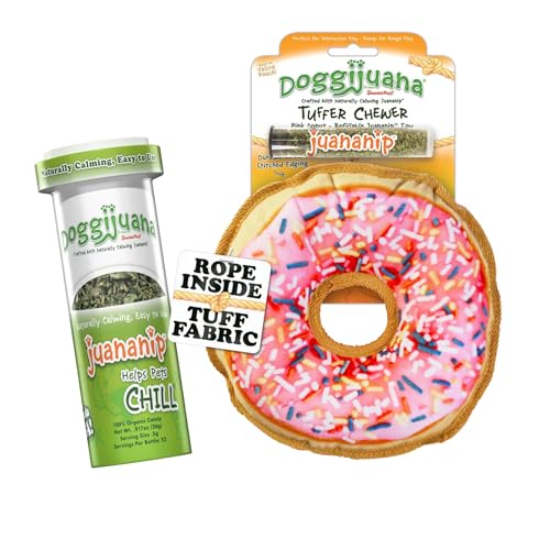 Doggijuana Doggi Duo Refillable Juananip Toy Bundle | Pink Donut & Juananip | Funny Dog Toy Plush with Catnip and Refill | Interactive Chew for Play - style: Pink Donut & Juananip