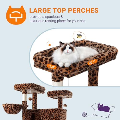 Allewie 81 Inches Tall Cat Tree/Multi-Level Large Climbing Tree House and Towers for Big Feline/Condo and Hammock/Scratching Post/Wide Base/Leopard Print - color: Leopard Print