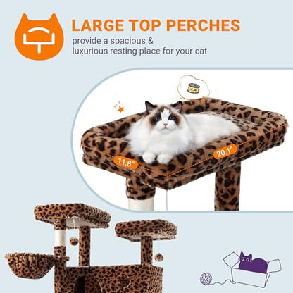 Allewie 81 Inches Tall Cat Tree/Multi-Level Large Climbing Tree House and Towers for Big Feline/Condo and Hammock/Scratching Post/Wide Base/Leopard Print - color: Leopard Print