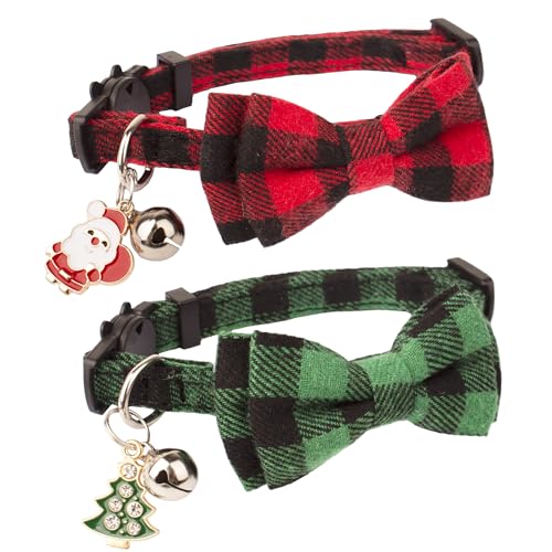 ADOGGYGO Christmas Cat Collars Breakaway with Cute Bow Bell - 2 Pack Red Green Plaid Kitten Collar with Removable Bowtie Christmas Collar for Cats Kittens - color: Red&Green-1
