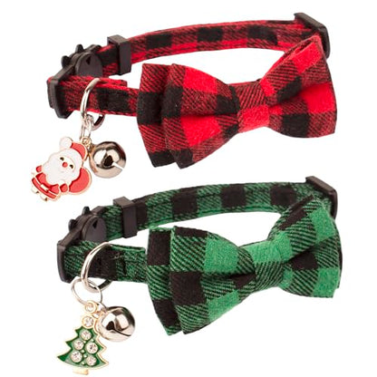 ADOGGYGO Christmas Cat Collars Breakaway with Cute Bow Bell - 2 Pack Red Green Plaid Kitten Collar with Removable Bowtie Christmas Collar for Cats Kittens - color: Red&Green-1