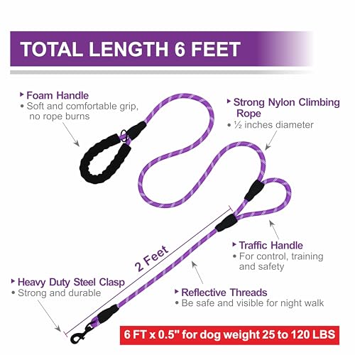 Dog Leash Heavy Duty 6ft, Double Handle Dog Leash with Padded Handle for Traffic Control, Reflective Rope Leashes for Large and Medium Dogs Night Control Safety Training (Purple) - color: Purple (25 to 120 lbs)