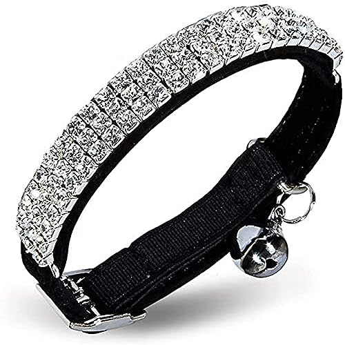 CHUKCHI Soft Velvet Safe Cat Adjustable Collar Bling Diamante with Bells,11 inch for Small Dogs and Cats (Black) - color: Black
