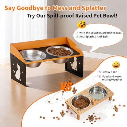 Elevated Cat Bowls with Splash Proof, 12°Tilted No Spill Raised Cat Food Water Bowls Set, Stainless Steel Pets Dishes with Adjustable Cute Metal Stand for Indoor Kitten Puppy, Anti-Vomiting